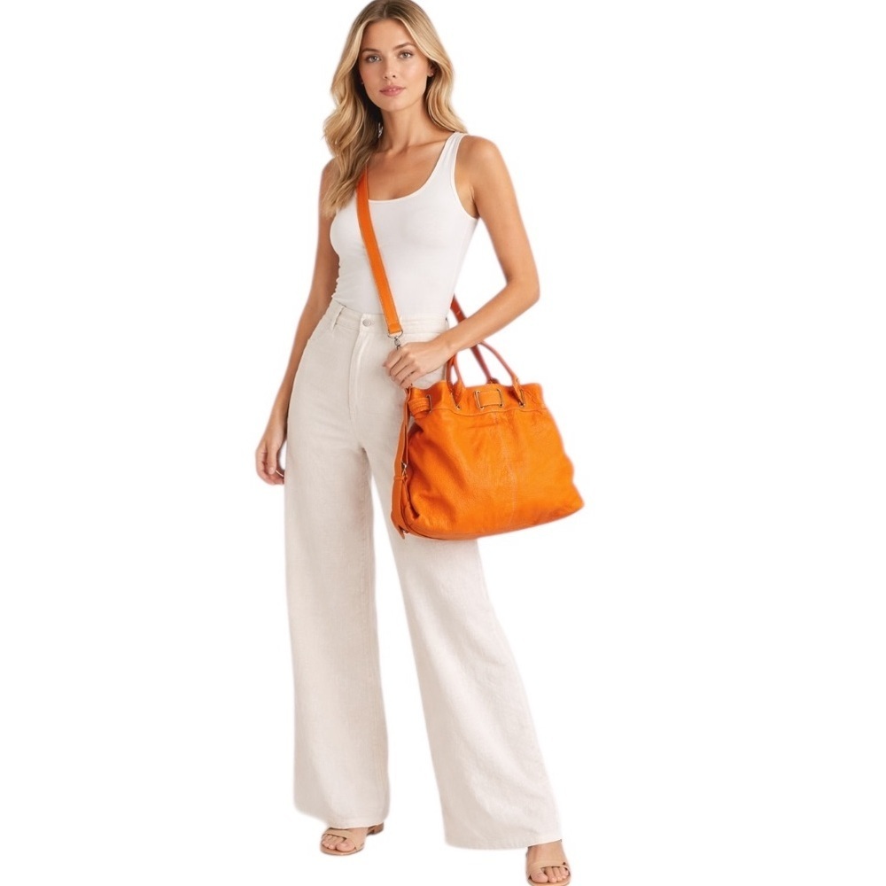Barr + Barr Leather Large Orange Pebbled Slouchy Crossbody Satchel Bag Tote - Picture 16 of 16